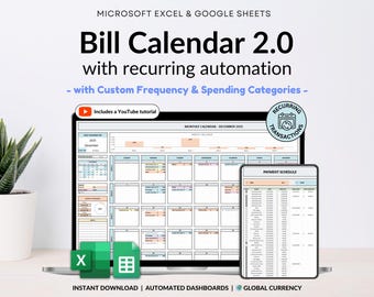 Könnte beinhalten: Ein Laptop und ein Smartphone zeigen eine Vorlage für einen Rechnungs-Kalender. Der Laptop-Bildschirm zeigt einen Monatskalender mit Daten, während das Telefon einen Zahlungsplan anzeigt. Der Text "Bill Calendar 2.0" ist sichtbar.