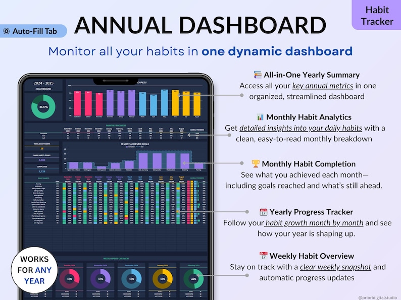 Ultimate Life Organizer Bundle for Excel and Google Sheets in dark mode, perfect for family and individual planning. Complete 2025, 2026, 2027 life planner with budget spreadsheet, habit tracker, task tracker, productivity planner, monthly and annual calendars, dashboards, goal tracking, meal planning, savings and debt tools, net worth and investment trackers. All-in-one digital planner for finance and daily organization. Reuse every year!