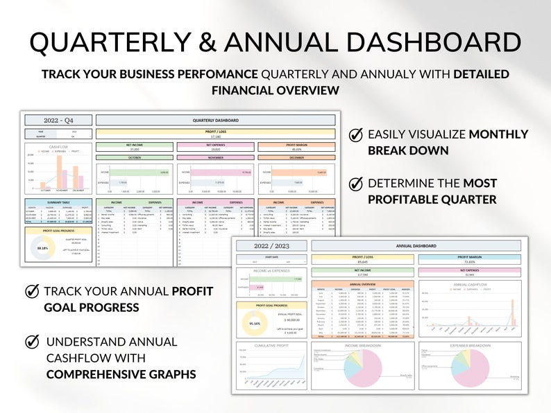 Small Business Bookkeeping Spreadsheet Google Sheets Excel Business Template Expense Bill Tracker Income Sales Tracker Accounting Template Quarterly and Annual Dashboard