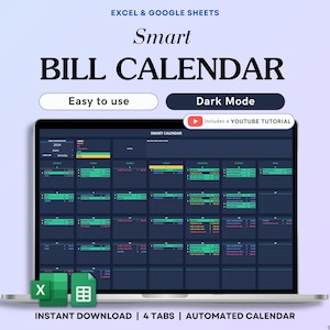 Bill Tracker Spreadsheet Dark Mode Google Sheets Excel Bill Calendar Monthly Smart Bill Planner Editable Calendar Personal Finance Budget