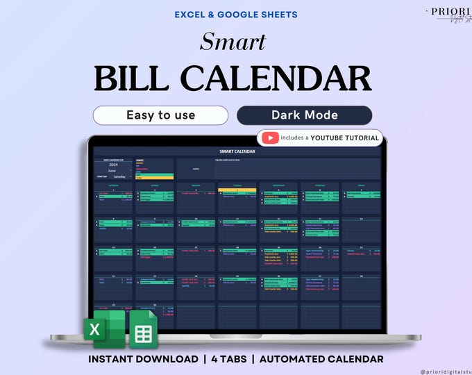 Bill Tracker Spreadsheet Dark Mode Google Sheets Excel Bill Calendar Monthly Smart Bill Planner Editable Calendar Personal Finance Budget