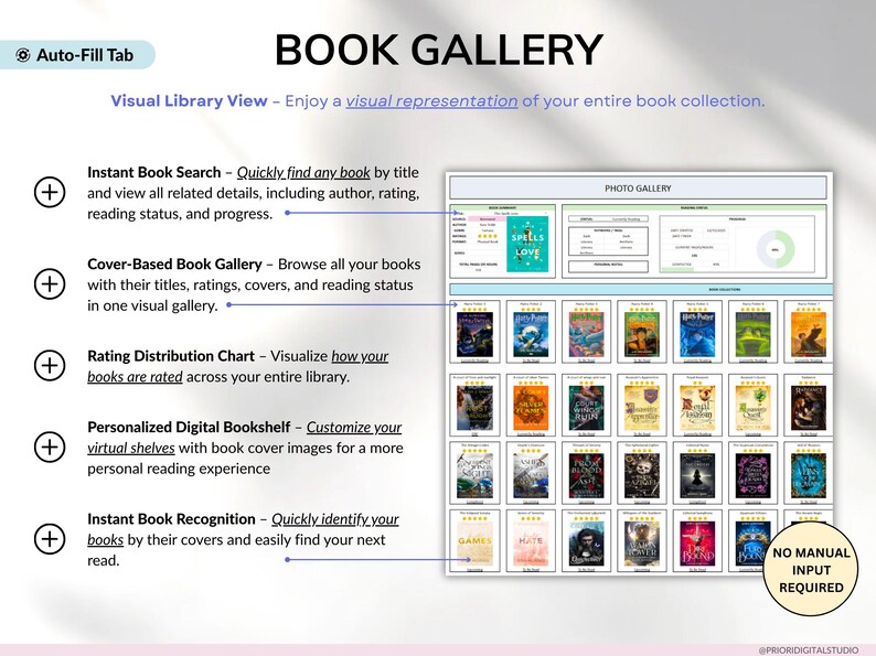 Premium book tracker spreadsheet for Google Sheets and Excel, designed as a digital reading journal, book planner, and personal book library. Track up to 5,000 books, manage reading lists, log book reviews, monitor reading habits, view automated charts and tables, and track book releases with an automated calendar. Beginner-friendly digital book tracker template for book lovers.