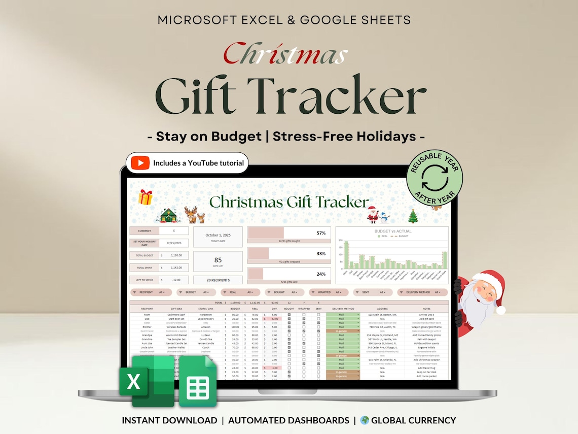 Christmas Budget Gift Tracker Excel Spreadsheet Holiday Gift Planner ...