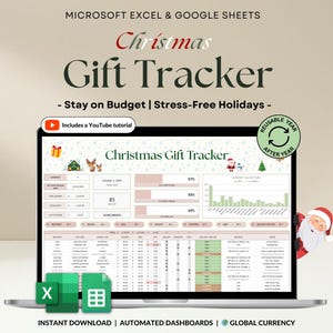 以下が含まれることがあります： ラップトップには、クリスマスのギフトトラッカーのスプレッドシートが表示されています。画面には、予算とギフトの詳細が記載されたスプレッドシートが表示されます。テキストには「予算を守る｜ストレスフリーな休日」と「即時ダウンロード｜自動ダッシュボード」が含まれています。
