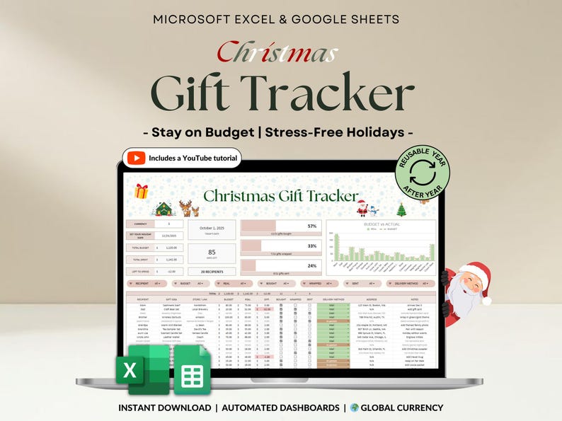 Holiday Gift Tracker Spreadsheet for Christmas budgeting and planning. Manage recipient names, gift ideas, stores, purchase links, and budgets in one dashboard. Track budget vs actual spending, see auto-updating charts, and monitor gift status bought, wrapped, and sent. Works with any currency and simplifies your holiday shopping with a clear all-in-one template.