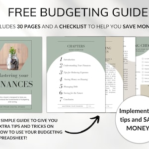 Free budgeting guide is displayed. The guide is in green, beige and light pink. Includes 30 pages and a checklist