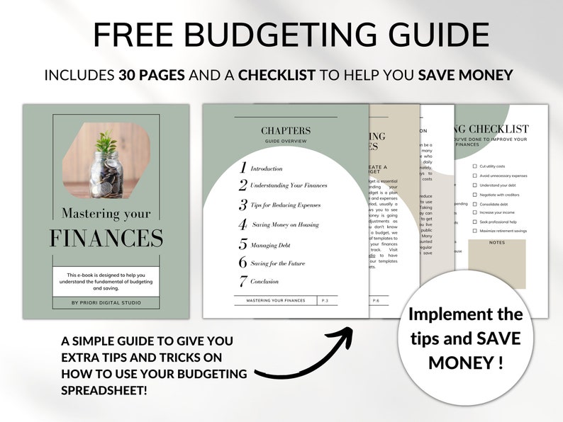 Free budgeting guide is displayed. The guide is in green, beige and light pink. Includes 30 pages and a checklist