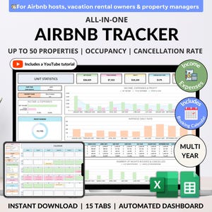 Op de afbeelding: Een computerscherm dat een spreadsheet toont met een kleurrijk dashboard voor het bijhouden van Airbnb-eigendommen. De spreadsheet bevat grafieken, diagrammen en een kalender. De tekst op het scherm luidt "ALL-IN-ONE AIRBNB TRACKER UP TO 50 PROPERTIES | OCCUPANCY | CANCELLATION RATE Includes a YouTube tutorial".
