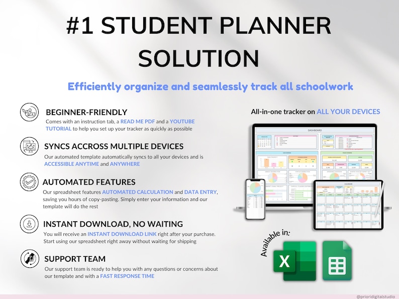 All-in-one student planner for college and school! Track assignments, exams, and deadlines. Includes finance tracker, class schedule, weekly calendar, to-do list, attendance log, reading tracker, contact list, and more. Prioritize tasks, monitor schoolwork, and visualize your schedule. Perfect academic planner for staying organized all semester. Ideal for students and college life!