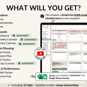 A complete YouTube creator planner in Excel and Google Sheets. Includes brand identity, goals, dashboard, monthly and weekly calendars, video content planning, 30-day schedule, collaboration tracker, and finance hub. Perfect for YouTubers, vloggers, and social media content creators to stay organized, plan videos, track progress, and grow their channel with a clear content strategy and planner system.