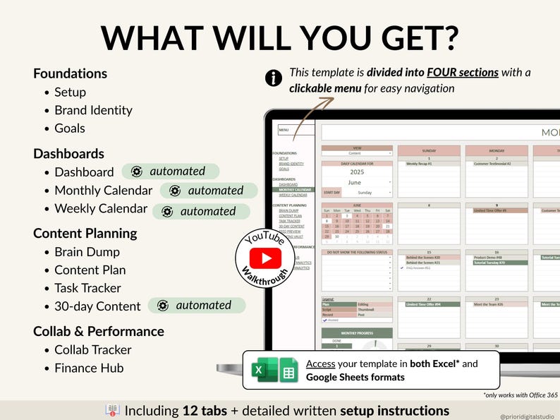 A complete YouTube creator planner in Excel and Google Sheets. Includes brand identity, goals, dashboard, monthly and weekly calendars, video content planning, 30-day schedule, collaboration tracker, and finance hub. Perfect for YouTubers, vloggers, and social media content creators to stay organized, plan videos, track progress, and grow their channel with a clear content strategy and planner system.