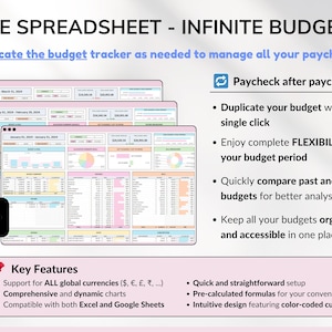 Easy Budget Planner for Google Sheets and Excel — an all-in-one paycheck budgeting spreadsheet designed to help you manage your weekly, biweekly, and monthly finances. Track income, expenses, bills, and savings goals effortlessly. Perfect for personal finance management, money tracking, and improving your financial planning with a clear, customizable budget template