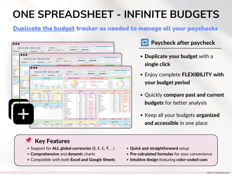 Easy Budget Planner for Google Sheets and Excel — an all-in-one paycheck budgeting spreadsheet designed to help you manage your weekly, biweekly, and monthly finances. Track income, expenses, bills, and savings goals effortlessly. Perfect for personal finance management, money tracking, and improving your financial planning with a clear, customizable budget template