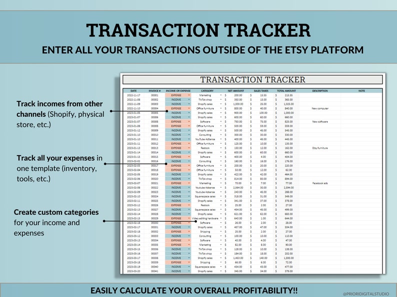 Etsy Bookkeeping Spreadsheet Small Business Bookkeeping Income Expense Profit Tracker Google Sheets Excel Accounting Template Tax Tracker