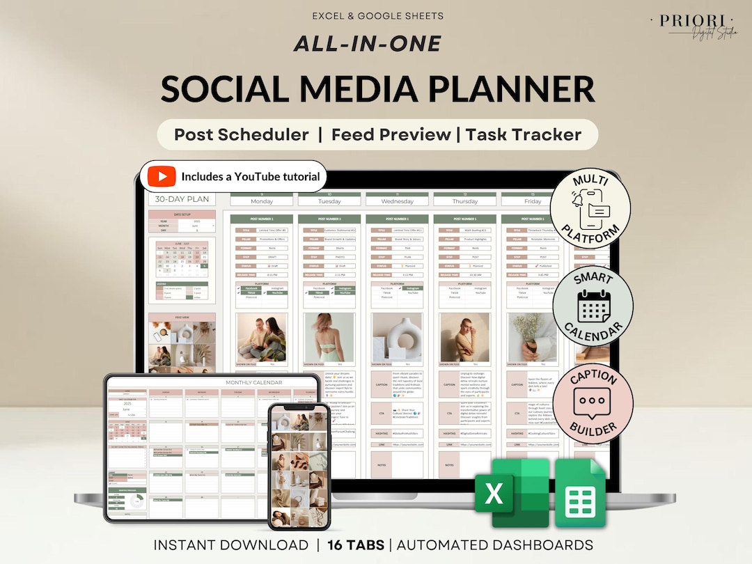 Social Media Content Planner Spreadsheet Monthly Content Calendar for ...
