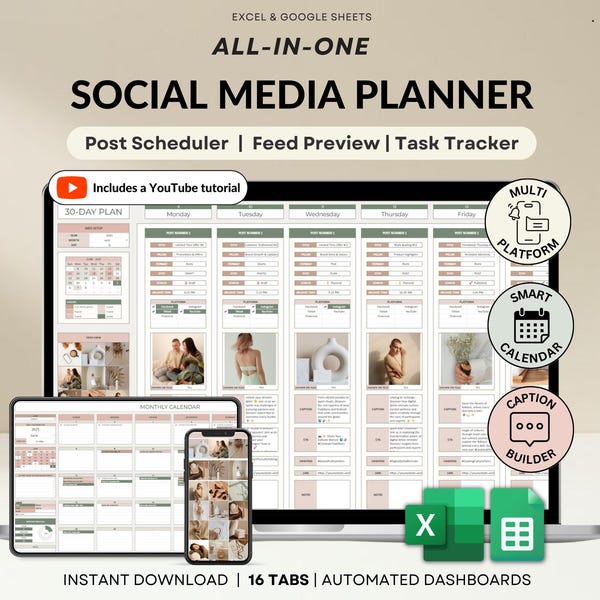 Kalkylblad för innehållsplanerare för sociala medier Månadskalender för innehåll för digitala kreatörer Google Sheets Excel-mall Instagram TikTok-hanterare