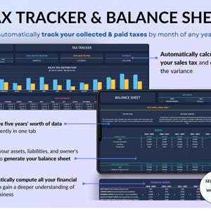 Small Business Bookkeeping Spreadsheet in dark mode designed to track income, expenses, profit, and sales tax in one organized system. Includes bank account tracking, mileage tracker, tax tracker, balance sheet, and monthly, quarterly, annual, and 5-year dashboards. Ideal accounting and financial planner template for small business owners using Excel or Google Sheets.