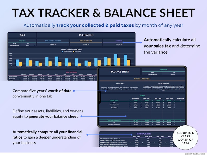 Small Business Bookkeeping Spreadsheet in dark mode designed to track income, expenses, profit, and sales tax in one organized system. Includes bank account tracking, mileage tracker, tax tracker, balance sheet, and monthly, quarterly, annual, and 5-year dashboards. Ideal accounting and financial planner template for small business owners using Excel or Google Sheets.