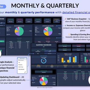Ultimate Small Business Bundle in dark mode with 4 spreadsheets for Google Sheets and Excel including bookkeeping, inventory tracker, order tracker, pricing calculator, and smart bill calendar. Perfect for small business and handmade sellers to track income, expenses, sales taxes, inventory, customers, product pricing, invoices, profit, and bills in one complete business spreadsheet bundle. Can use for multiple years!