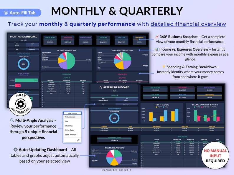 Ultimate Small Business Bundle in dark mode with 4 spreadsheets for Google Sheets and Excel including bookkeeping, inventory tracker, order tracker, pricing calculator, and smart bill calendar. Perfect for small business and handmade sellers to track income, expenses, sales taxes, inventory, customers, product pricing, invoices, profit, and bills in one complete business spreadsheet bundle. Can use for multiple years!