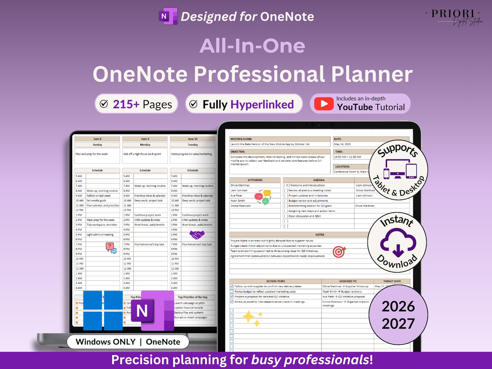 Onenote 2027 Tutorials Onenote Planner 2026 2027 Professional One Note Template for Work ...