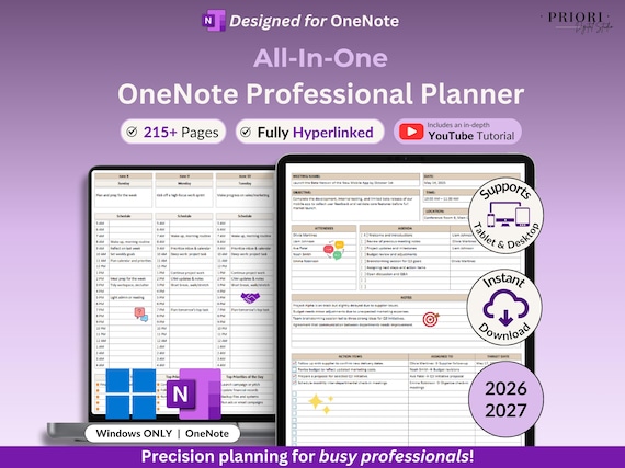 OneNote Planner 2026 2027 Professional One Note Template for Work Project Management Hyperlinked Planner Weekly Planner Organization Planner
