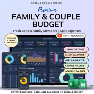 Family Annual Budget Dark Mode Monthly Budget Tracker Excel Spreadsheet Google Sheets Couple Financial Planner Bill Calendar Debt Tracker