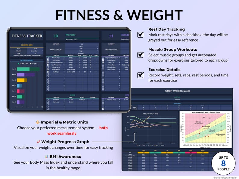 Dark mode ADHD Life Planner designed in Google Sheets and Excel to help you stay organized with an all-in-one digital dashboard. Includes a 2026 calendar, weekly and monthly planners, to-do lists, time blocking, goal tracking, habit tracker, budget and savings trackers, debt tracker, meal planner, grocery list, fitness and hydration trackers. A simple, modern, and easy-to-use spreadsheet template for everyday life management.