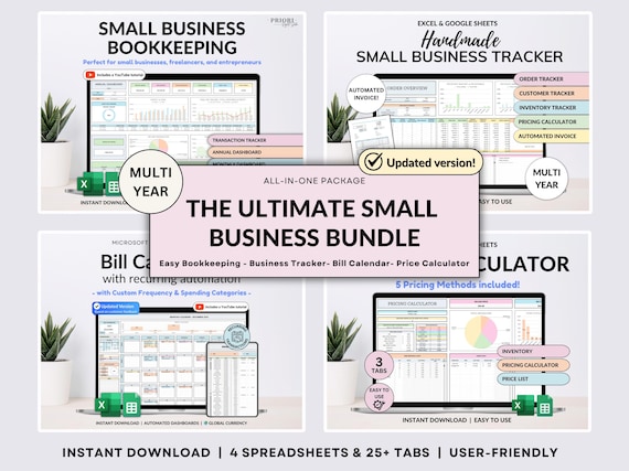 Small Business Bundle Bookkeeping Inventory Tracker Order Tracker Product Handmade Pricing Calculator Smart Bill Calendar Google Sheet Excel