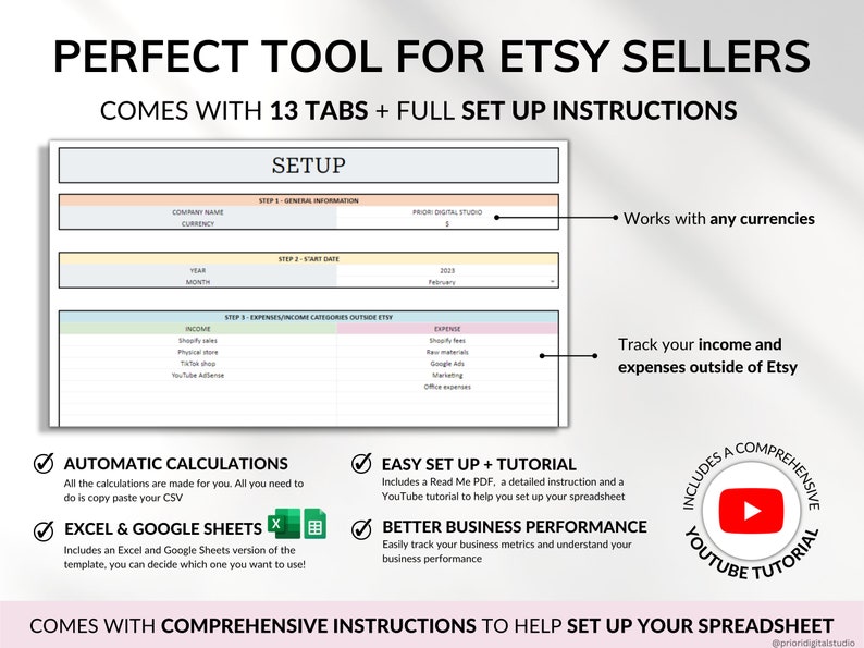Etsy Seller Bookkeeping Spreadsheet POD Small Business Planner Income Expense Profit Tracker Google Sheets Excel Printify Profit Tax Tracker
