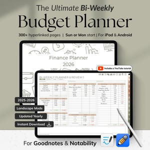 Peut inclure: Planificateur budgétaire numérique affiché sur deux tablettes. Le texte indique "The Ultimate Bi-Weekly Budget Planner" avec 300+ pages hyperliées et "Finance Planner 2026". Comprend un tutoriel YouTube et est pour iPad et Android.
