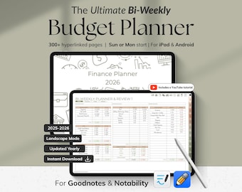 May include: Digital budget planner displayed on two tablets. The text reads "The Ultimate Bi-Weekly Budget Planner" with features like 300+ hyperlinked pages, and "Finance Planner 2026". Includes a YouTube tutorial and is for iPad & Android.