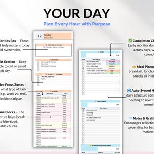 Perfect weekly planner with 1-week view including weekly and daily sections. ADHD weekly planner, time block planner, to do list, goal planner, habit tracker, and productivity planner. Works with Google Sheets and Excel. Ideal for organizing tasks, scheduling your week, tracking goals, and managing personal, family, and work routines efficiently.