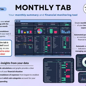 Income and Expense Tracker Spreadsheet in dark mode. Personal finance template for Google Sheets and Excel featuring transaction log, dashboards, annual totals, automated calendar, 12 monthly tabs, sinking funds, debt calculator, net worth tracker, and no-spend challenge.