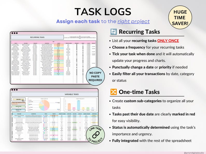 Project Management Spreadsheet for Excel and Google Sheets designed for small businesses, teams, and freelancers. Includes dashboards, recurring tasks, Gantt chart, Kanban board, Eisenhower matrix, task tracker, project timeline, and schedule templates