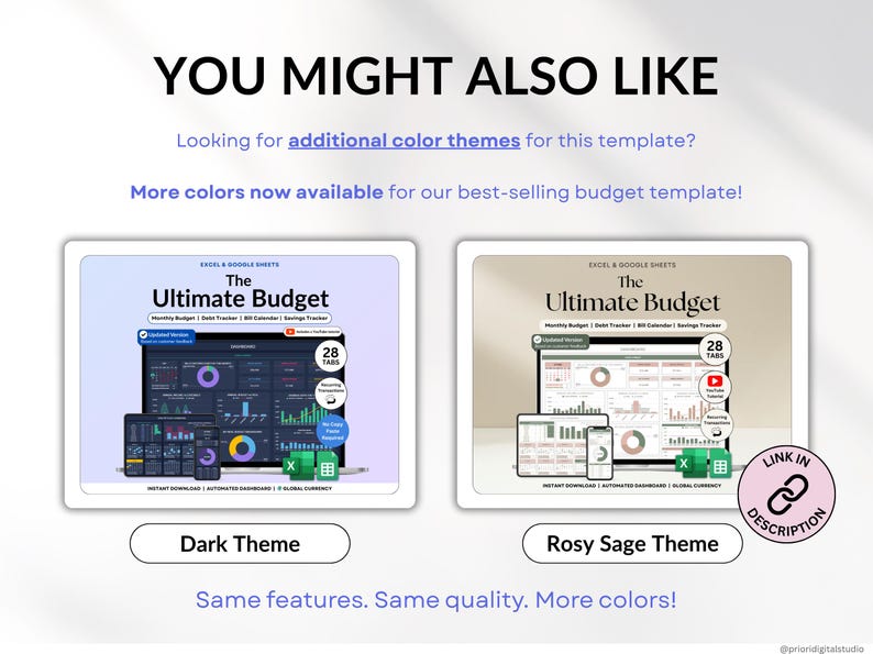 Ultimate Budget Spreadsheet Multicolored theme for Google Sheets & Excel – Annual and Monthly Budget Tracker with Bill, Debt & Savings Tracking. Includes recurring transactions, subscriptions, income, and expenses. Perfect personal finance planner for couples or families (up to 6 users). Start anytime and manage your money with ease.