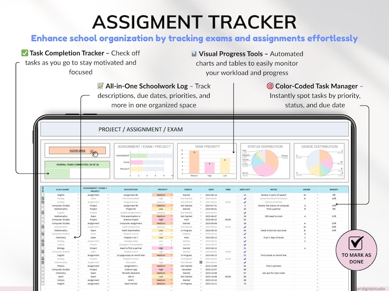 All-in-one student planner for college and school! Track assignments, exams, and deadlines. Includes finance tracker, class schedule, weekly calendar, to-do list, attendance log, reading tracker, contact list, and more. Prioritize tasks, monitor schoolwork, and visualize your schedule. Perfect academic planner for staying organized all semester. Ideal for students and college life!