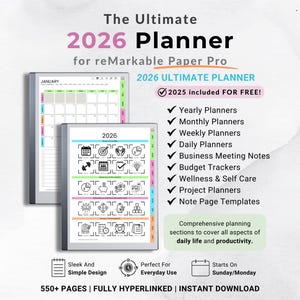 May include: A digital planner for reMarkable Paper Pro, featuring the text "2026 Planner." The planner includes yearly, monthly, weekly, and daily planners, plus business meeting notes, budget trackers, and wellness sections. The design is sleek and simple.