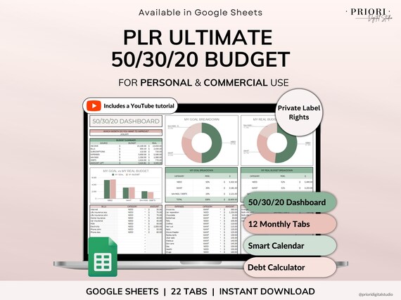 PLR Monthly Budget 50/30/20 Annual Budget Planner Commercial Use PLR Google Sheets Spreadsheet Master Resell Rights PLR Budget Template