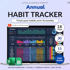 Yearly Habit Tracker Spreadsheet Google Sheets Excel Daily Habit Planner Weekly ADHD Planner Routine Planner Dark Mode Annual Habit Tracker