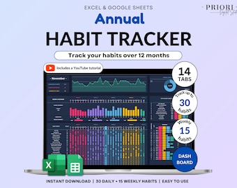 Yearly Habit Tracker Spreadsheet Google Sheets Excel Daily Habit Planner Weekly ADHD Planner Routine Planner Dark Mode Annual Habit Tracker