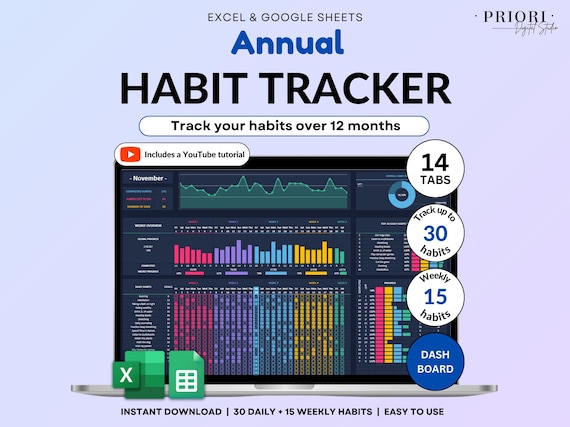 Yearly Habit Tracker Spreadsheet Google Sheets Excel Daily Habit Planner Weekly ADHD Planner Routine Planner Dark Mode Annual Habit Tracker
