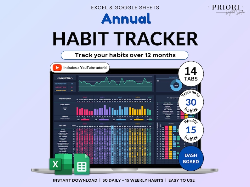 Yearly Habit Tracker Spreadsheet in Dark Mode for Google Sheets and Excel. Includes annual dashboard, 12 monthly trackers, setup tab, charts, and progress tables. Track up to 30 daily habits and 15 weekly habits. ADHD-friendly layout with a clean dark theme. Beginner-friendly planner to build routines, monitor progress, and stay organized across all devices all year.
