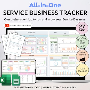 Könnte beinhalten: Ein Laptop-Bildschirm zeigt eine Tabellenkalkulation mit 27 Registerkarten, darunter ein Dashboard, Mitarbeitermanagement, Buchhaltung und Aufgabenverfolgung. Die Tabellenkalkulation ist für Dienstleistungsunternehmen konzipiert und enthält Diagramme und Grafiken. Der Text "All-in-One Service Business Tracker" wird oben auf dem Bildschirm angezeigt. Der Text "Sofort-Download | Automatisierte Dashboards" wird unten auf dem Bildschirm angezeigt.