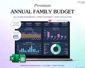 Family Annual Budget Dark Mode Monthly Budget Tracker Excel Spreadsheet Google Sheets Couple Financial Planner Bill Calendar Debt Tracker