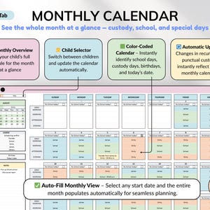 Co-parenting planner for Google Sheets to help divorced or separated parents track custody schedules, child support, shared expenses, and visitation. Includes automated calendar, recurring and one-time schedules, and expense tracking to simplify co-parenting and financial management. Perfect digital tool for organized, stress-free custody and parenting coordination.
