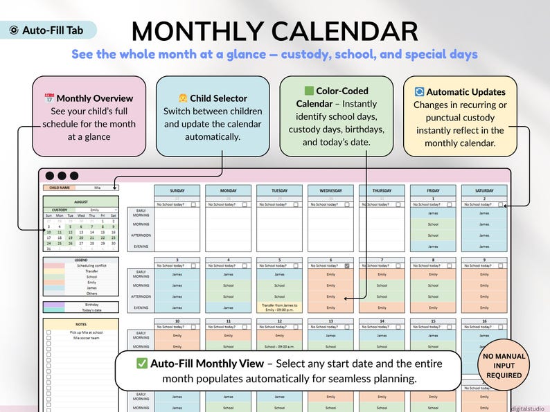 Co-parenting planner for Google Sheets to help divorced or separated parents track custody schedules, child support, shared expenses, and visitation. Includes automated calendar, recurring and one-time schedules, and expense tracking to simplify co-parenting and financial management. Perfect digital tool for organized, stress-free custody and parenting coordination.