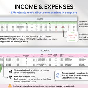 Rental Property Tracker Landlord Spreadsheet Multi Property Income and Expense Excel Google Sheets Rental Bookkeeping Rent Payment Tracker Tenant Ledger Property Management Real Estate Finances