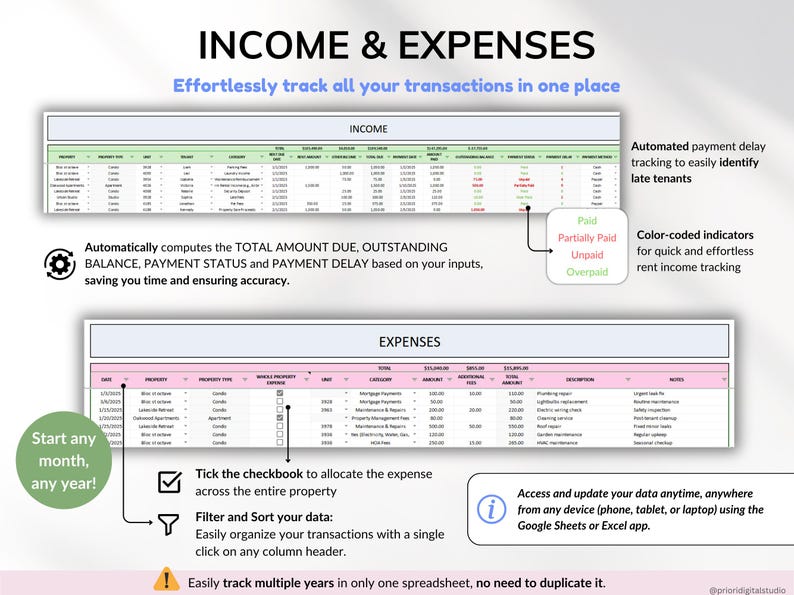 Rental Property Tracker Landlord Spreadsheet Multi Property Income and Expense Excel Google Sheets Rental Bookkeeping Rent Payment Tracker Tenant Ledger Property Management Real Estate Finances