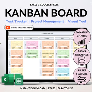 Puede incluir: Una pantalla de computadora portátil que muestra una plantilla de tablero Kanban para la gestión de proyectos en Excel y Google Sheets. La plantilla presenta un rastreador de tareas visual con columnas para "Pendiente", "Por hacer", "En progreso", "Revisión" y "Hecho". La plantilla también incluye gráficos dinámicos, una base de datos de tareas y una función de filtro.